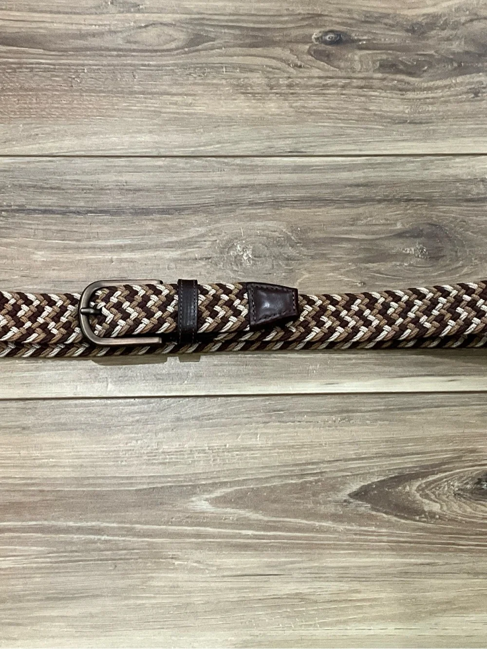 Men's Braided Elastic Belt in brown multi with Dark Leather Trim Sz 34